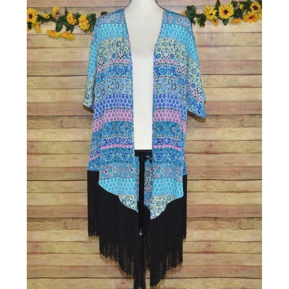 Liberty Love Blue Floral Cardigan Kimono Jacket Size L Long Fringe Festival Boho